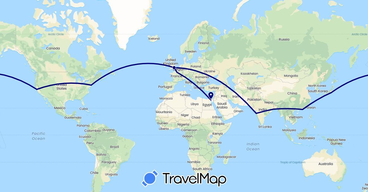 TravelMap itinerary: driving in China, Egypt, France, United Kingdom, India, Japan, United States (Africa, Asia, Europe, North America)
